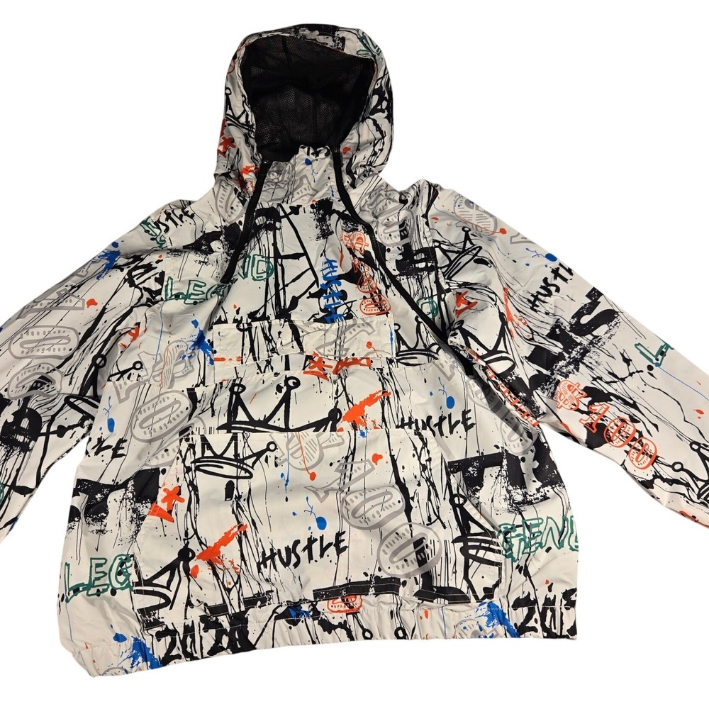 GS-115 Mens Graffiti Print Windbreaker Jacket White Black Orange CT9WND-25WH L